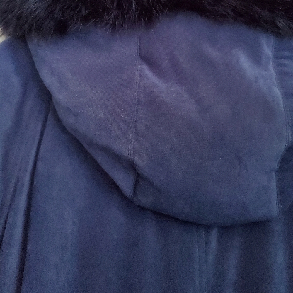 Nuage Women's Blue Long Hooded Coat with Fox Fur Trim - Picture 4 of 9